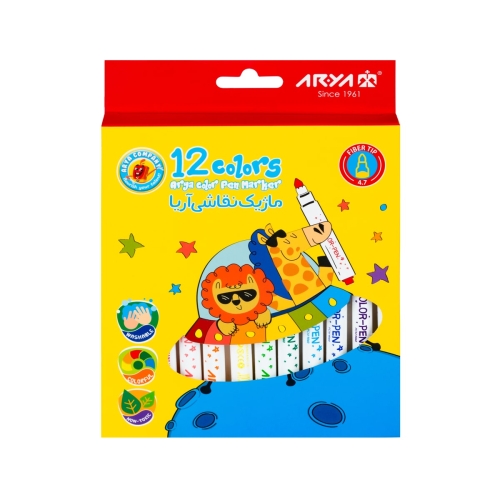 ماژیک نقاشی 12 رنگ چاپ دار مقوایی آریا